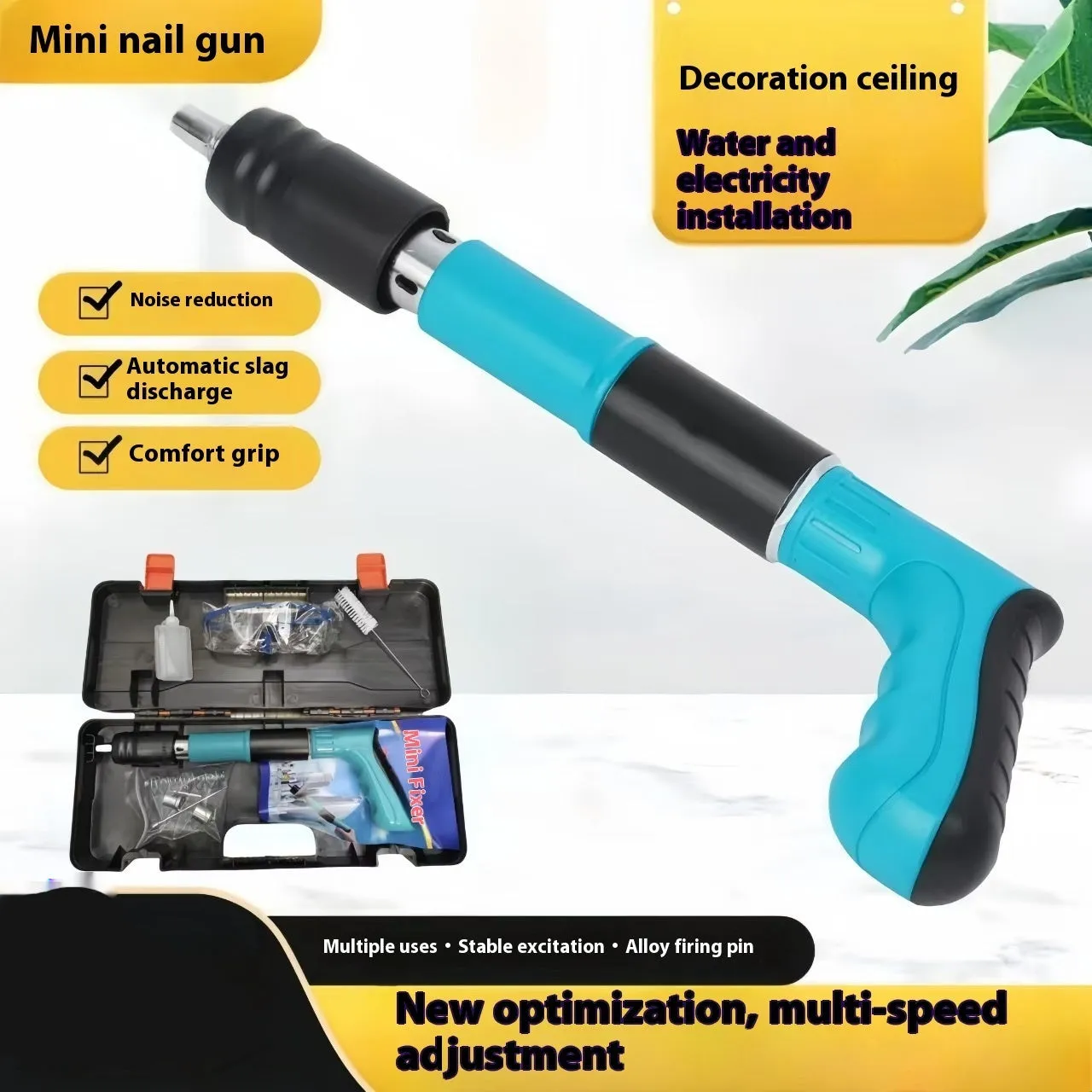 Mini ceiling nail gun in green toolbox with 100 nails, side exhaust, 25mm nail length