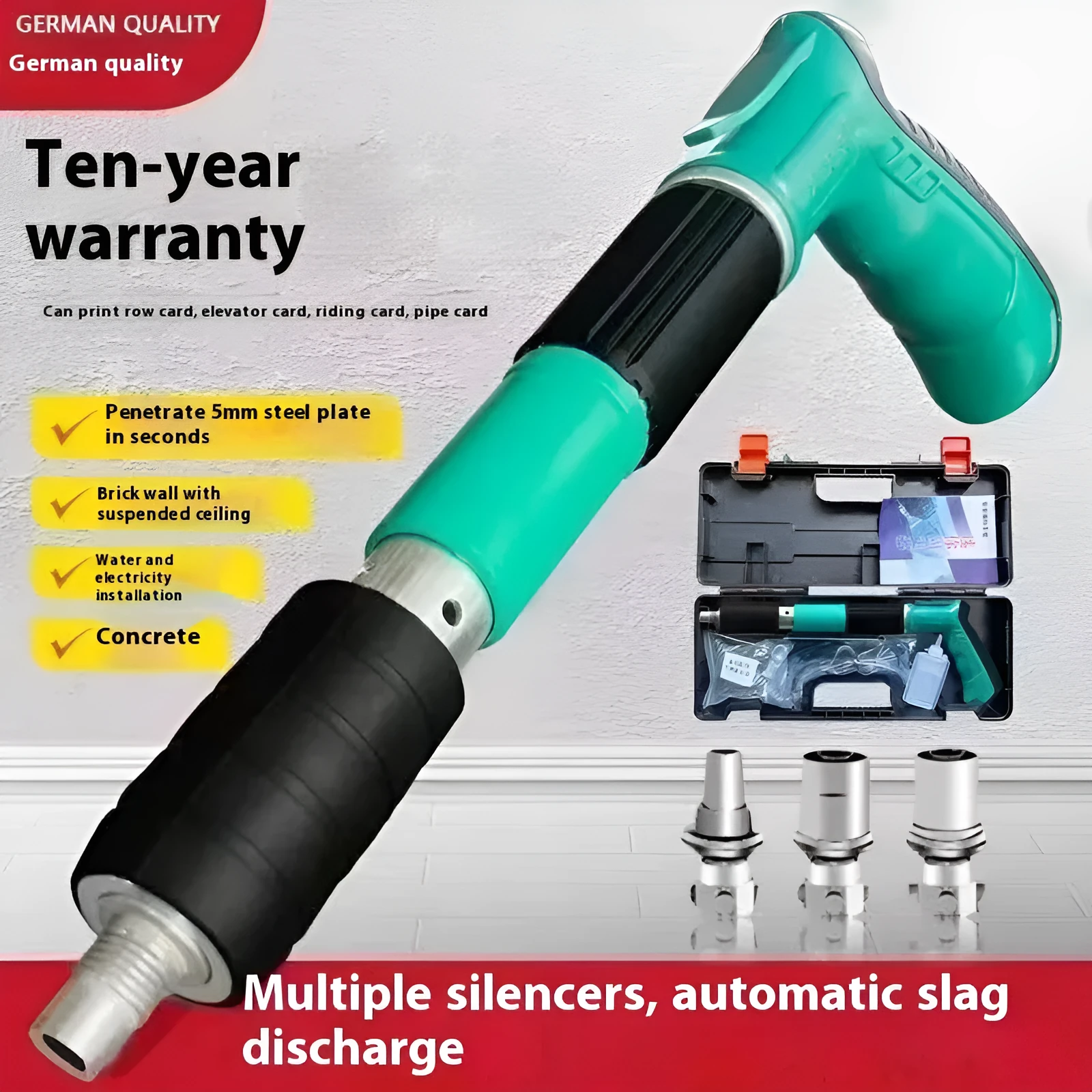 Mini ceiling nail gun in green toolbox with 100 nails, side exhaust, 25mm nail length