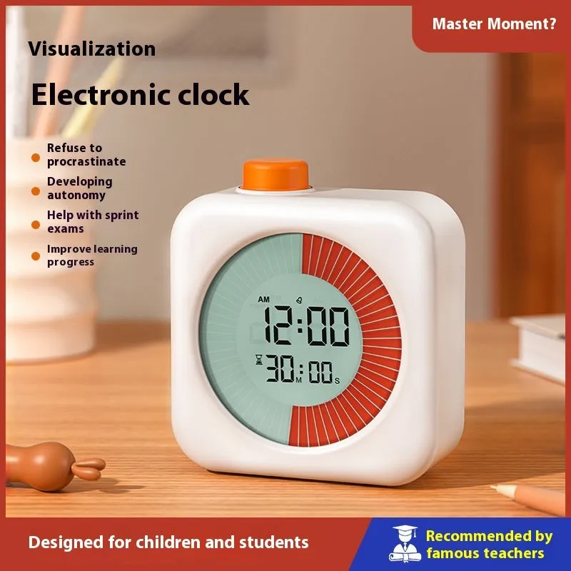 White plastic 60-minute visual timer with clear dial on desk for student study