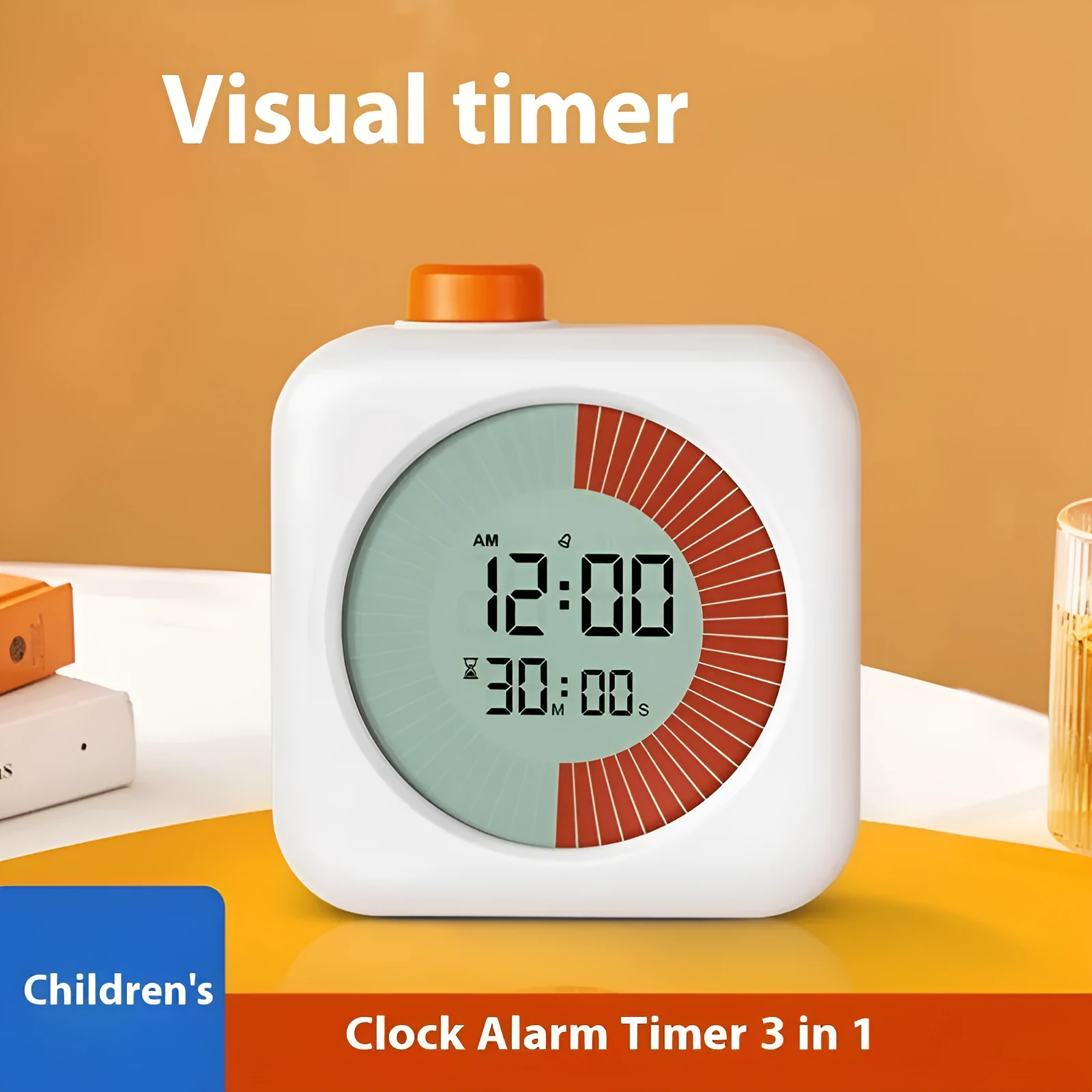 White plastic 60-minute visual timer with clear dial on desk for student study