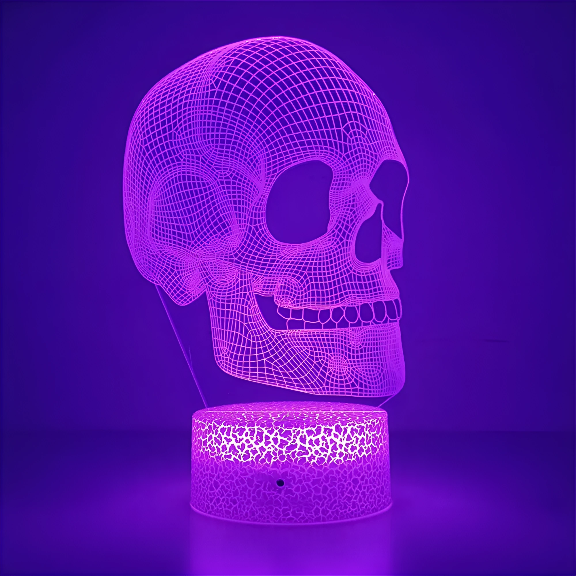 Acrylic 3D small night lamp in skull shape, geometric stereo design, with black base and USB cable