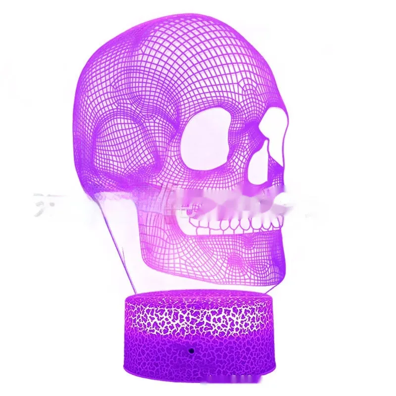 Acrylic 3D small night lamp in skull shape, geometric stereo design, with black base and USB cable