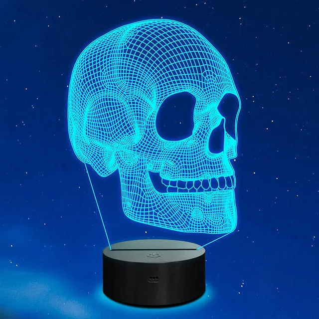 Acrylic 3D small night lamp in skull shape, geometric stereo design, with black base and USB cable