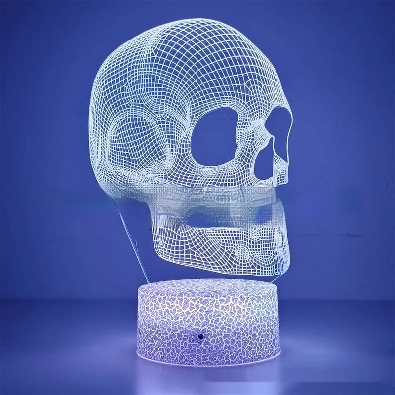 Acrylic 3D small night lamp in skull shape, geometric stereo design, with black base and USB cable