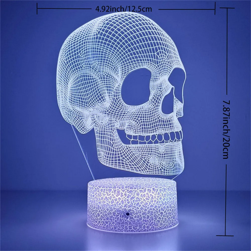 Acrylic 3D small night lamp in skull shape, geometric stereo design, with black base and USB cable