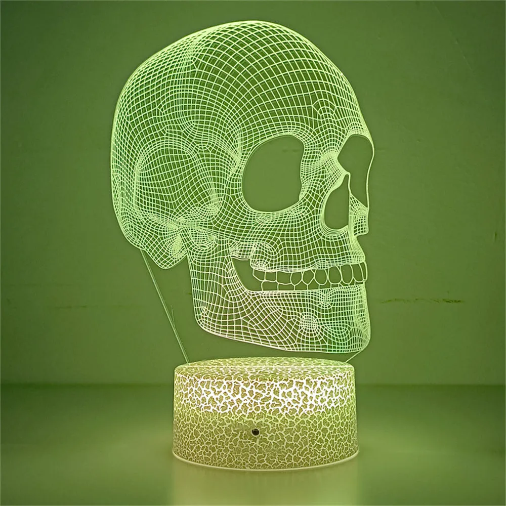 Acrylic 3D small night lamp in skull shape, geometric stereo design, with black base and USB cable