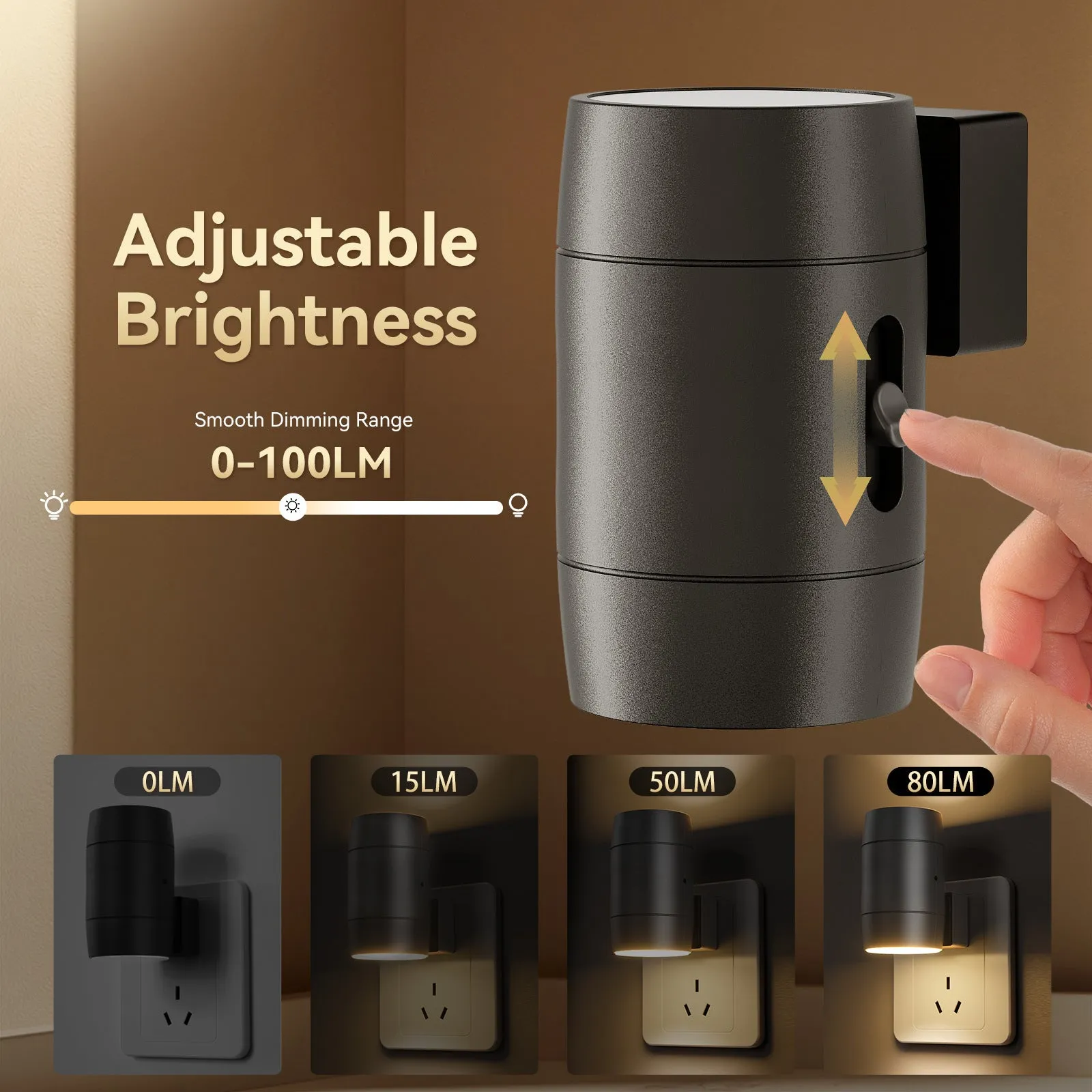 Small white induction night lamp with adjustable brightness and rotatable light head plugged into wall socket