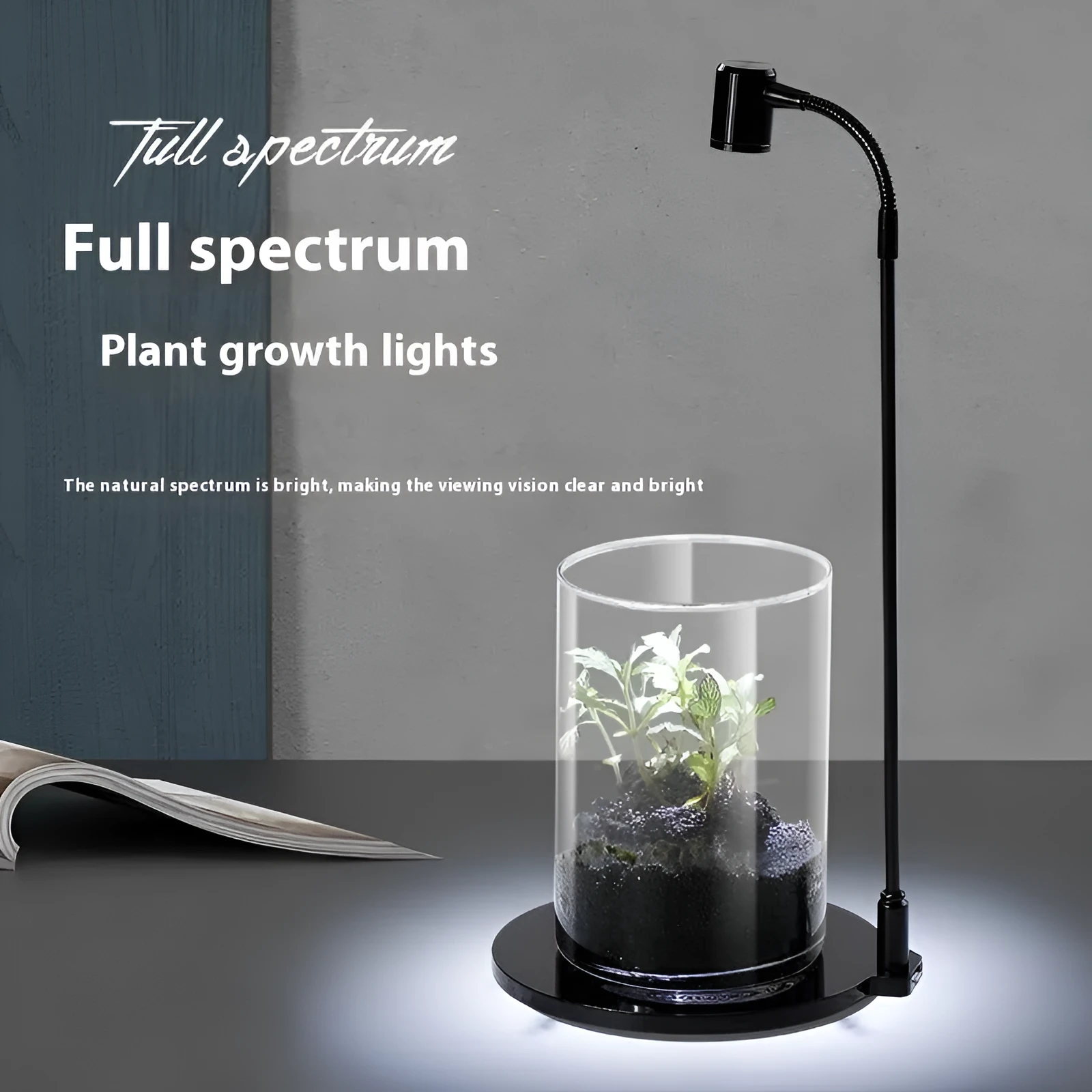 LED moss plant lamp with copper body, USB cable, round base white light, on a desk near a small acrylic fish tank