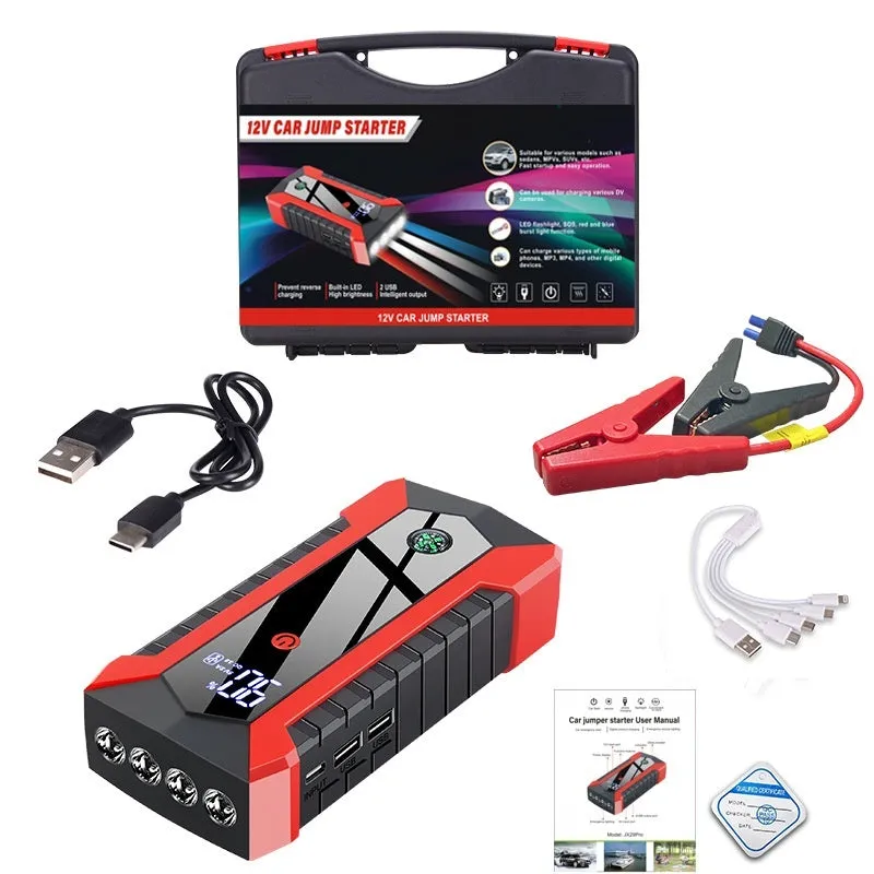 JX29Pro portable car emergency jump starter with 6000mAh battery and 2000A peak current on black background