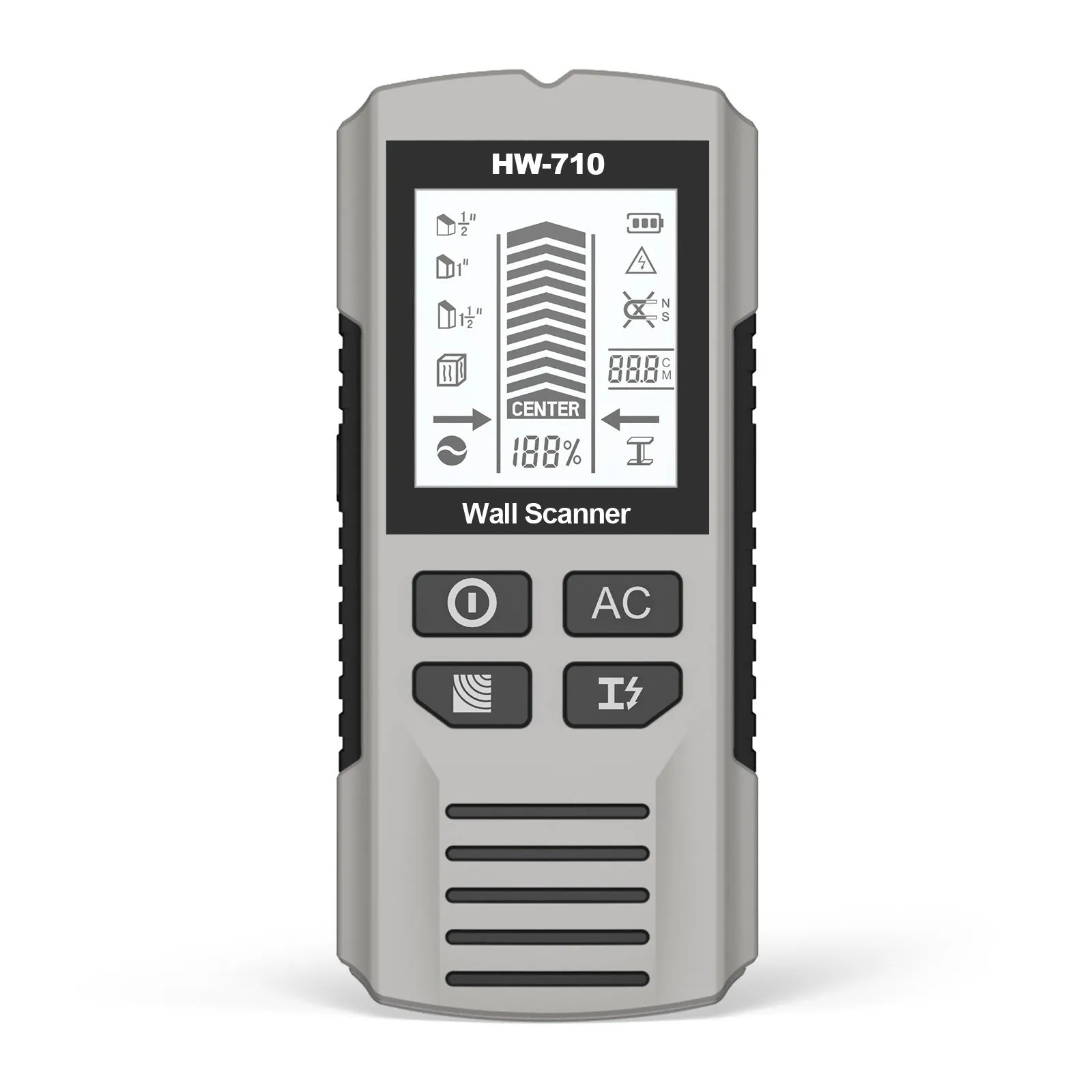Multifunctional perforated inner wire wall detector in yellow, 174x76x41mm handheld scanner on white background