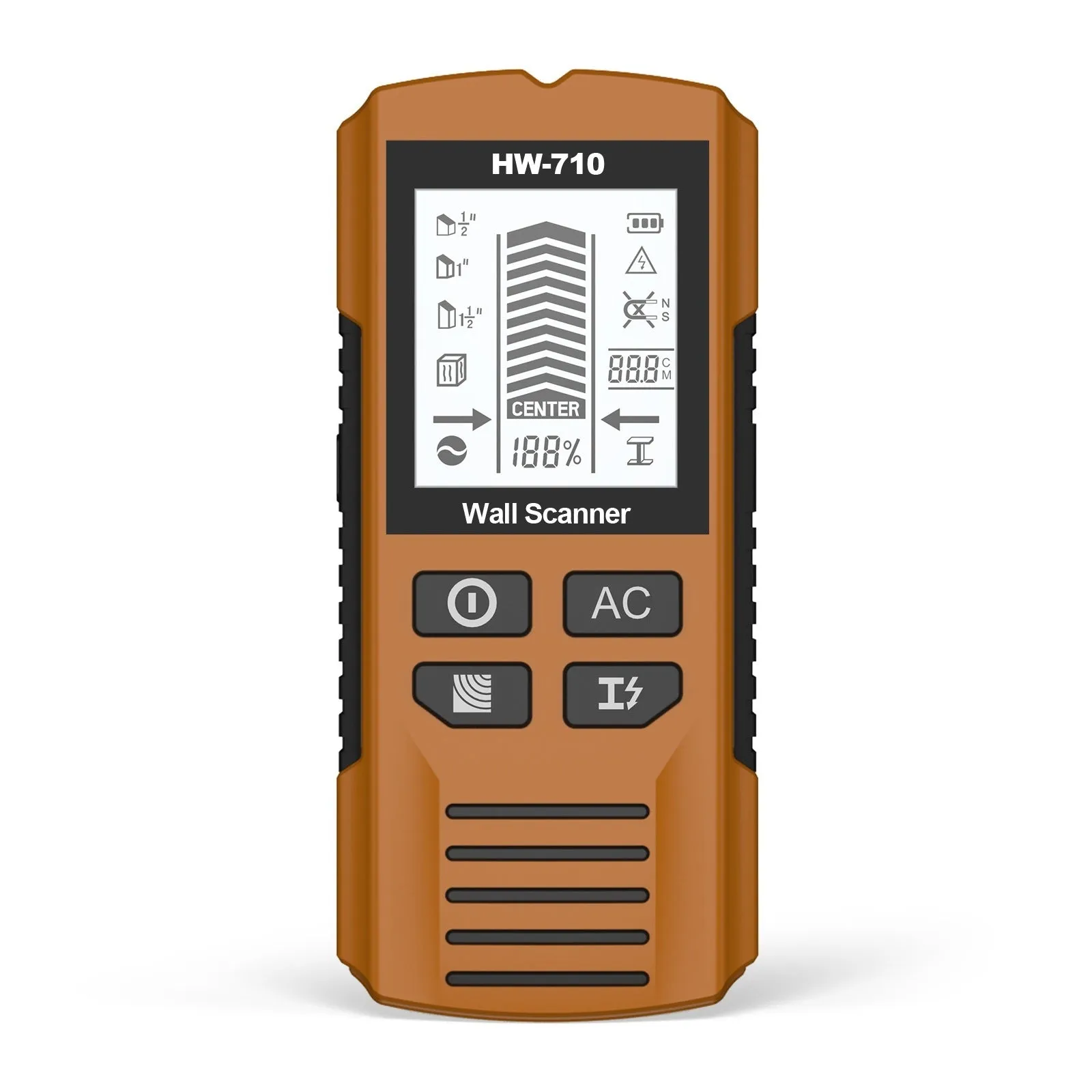 Multifunctional perforated inner wire wall detector in yellow, 174x76x41mm handheld scanner on white background