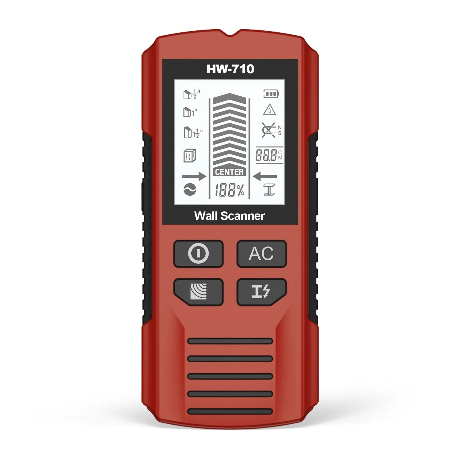 Multifunctional perforated inner wire wall detector in yellow, 174x76x41mm handheld scanner on white background
