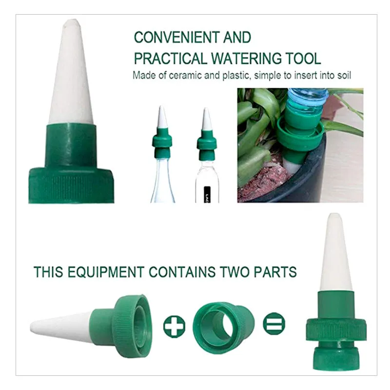 Green ceramic automatic water dripper for plant irrigation attached to a bottle.