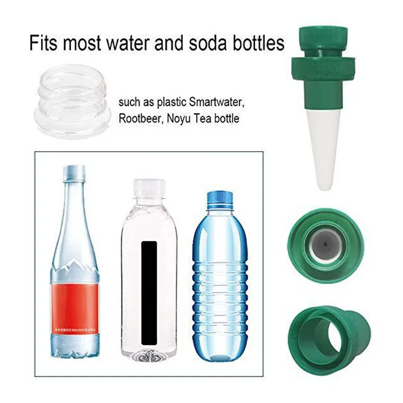 Green ceramic automatic water dripper for plant irrigation attached to a bottle.