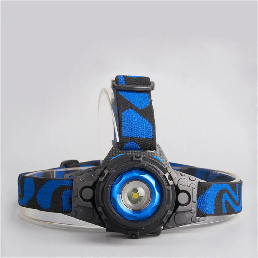 Blue aluminium alloy rechargeable LED headlamp with headband and focusing XPG light