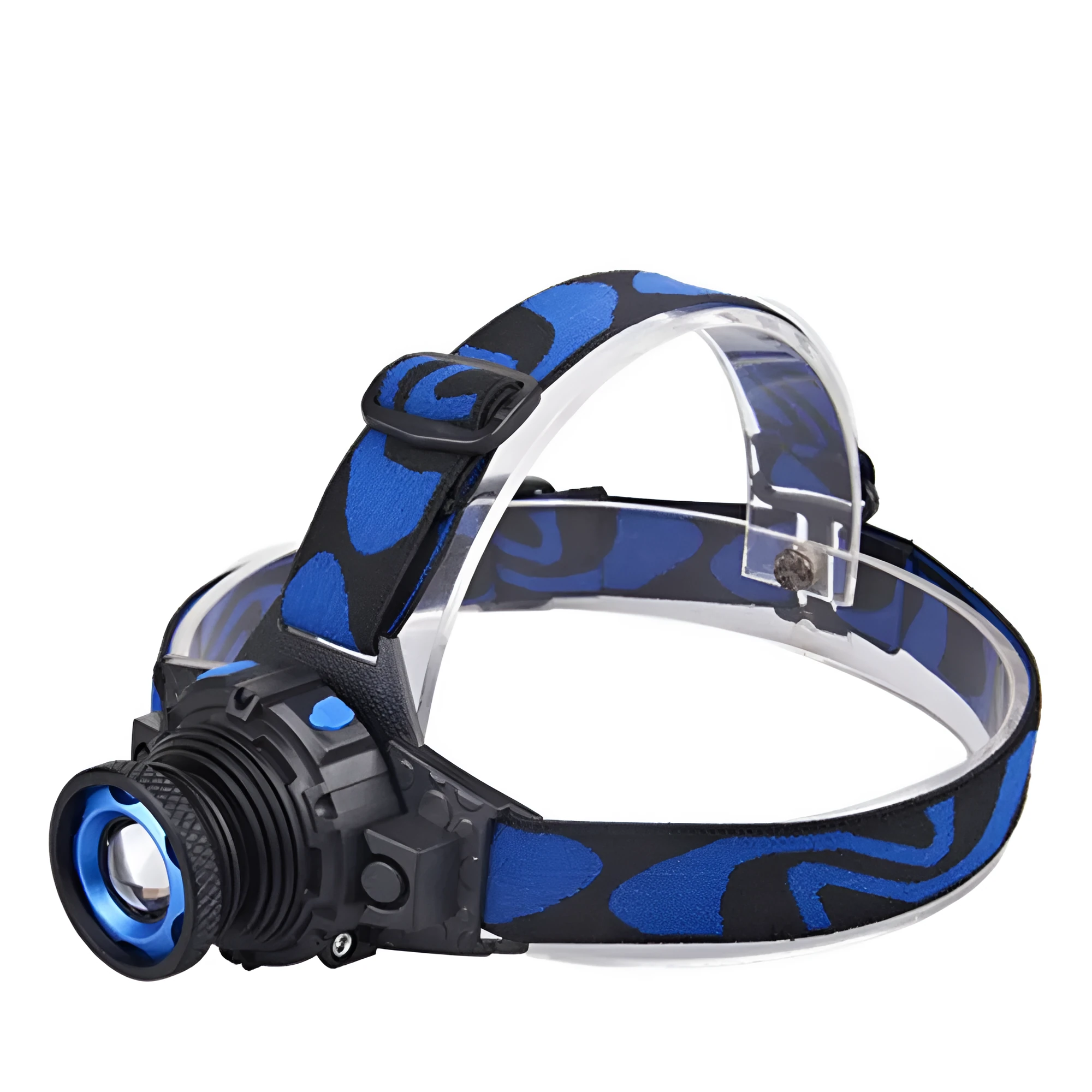 Blue aluminium alloy rechargeable LED headlamp with headband and focusing XPG light