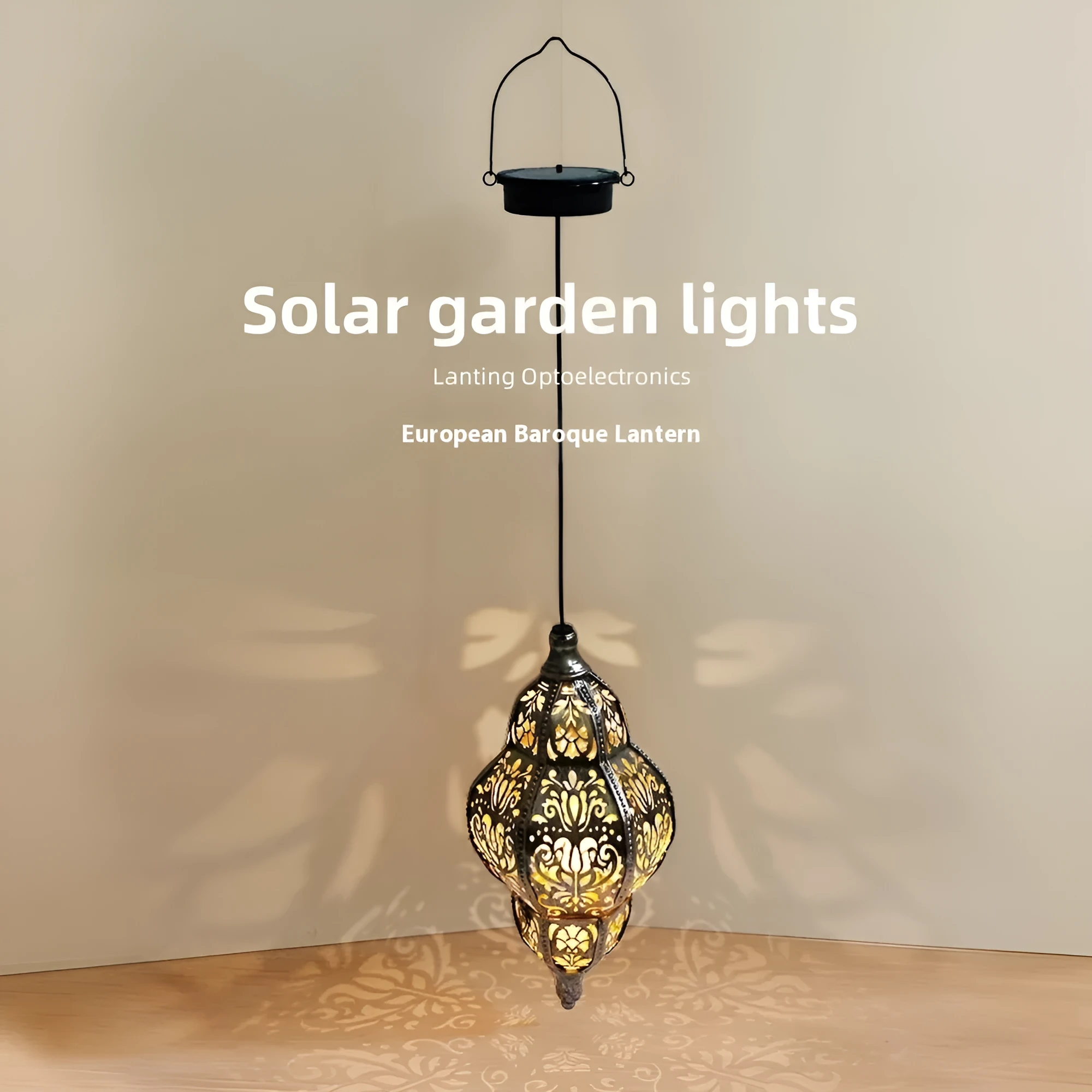 Solar iron hollow lantern chandelier hanging in outdoor courtyard with IP44 waterproof protection