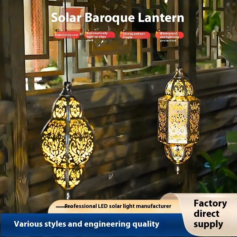 Solar iron hollow lantern chandelier hanging in outdoor courtyard with IP44 waterproof protection