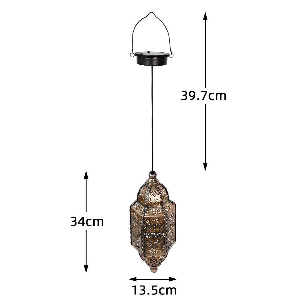 Solar iron hollow lantern chandelier hanging in outdoor courtyard with IP44 waterproof protection