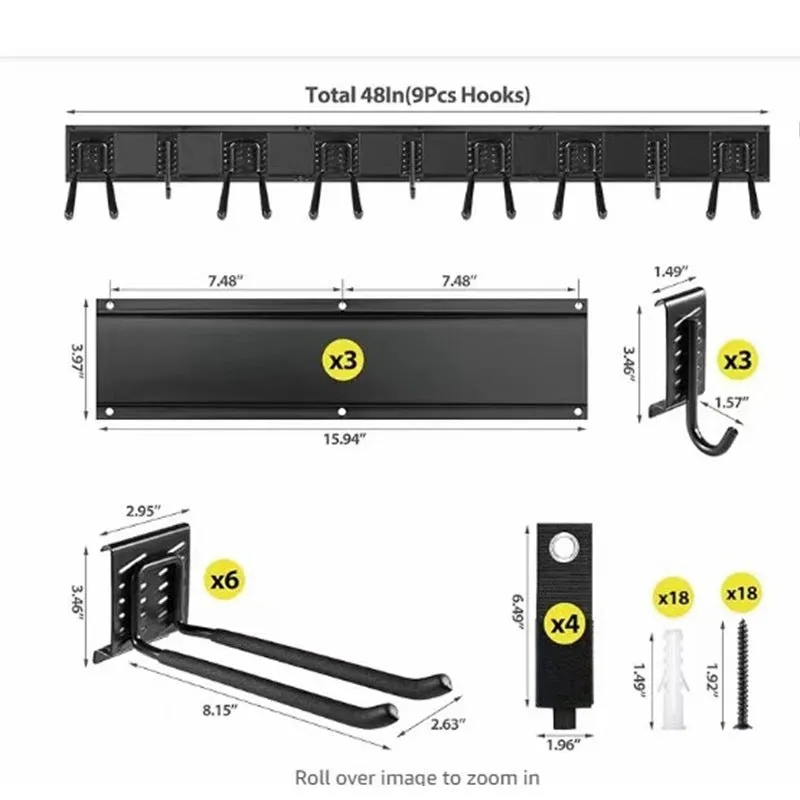 Heavy-duty garage removable adjustable wall hook with carbon steel alloy construction and 2 plates 6 hooks 2 straps