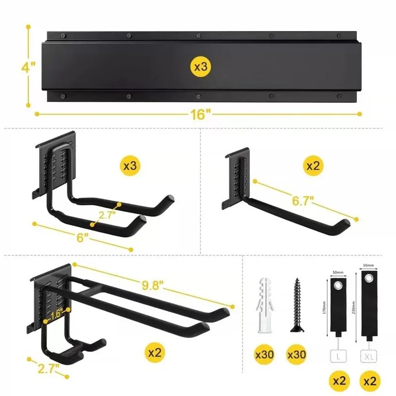 Heavy-duty garage removable adjustable wall hook with carbon steel alloy construction and 2 plates 6 hooks 2 straps