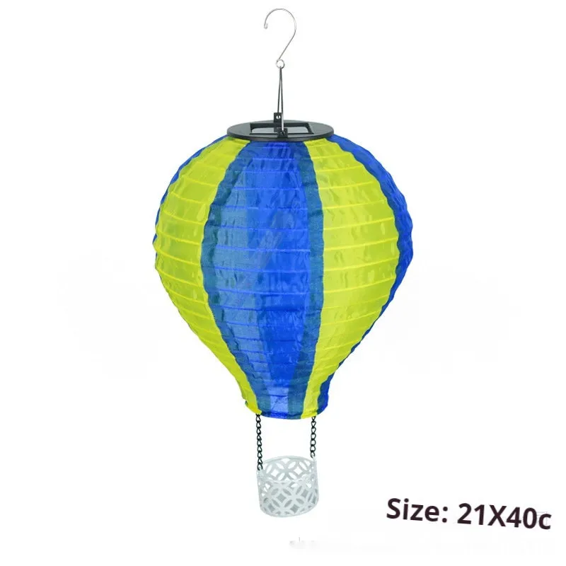 Solar hot air balloon lantern lawn lamp with silk cloth shade in blue green colour option