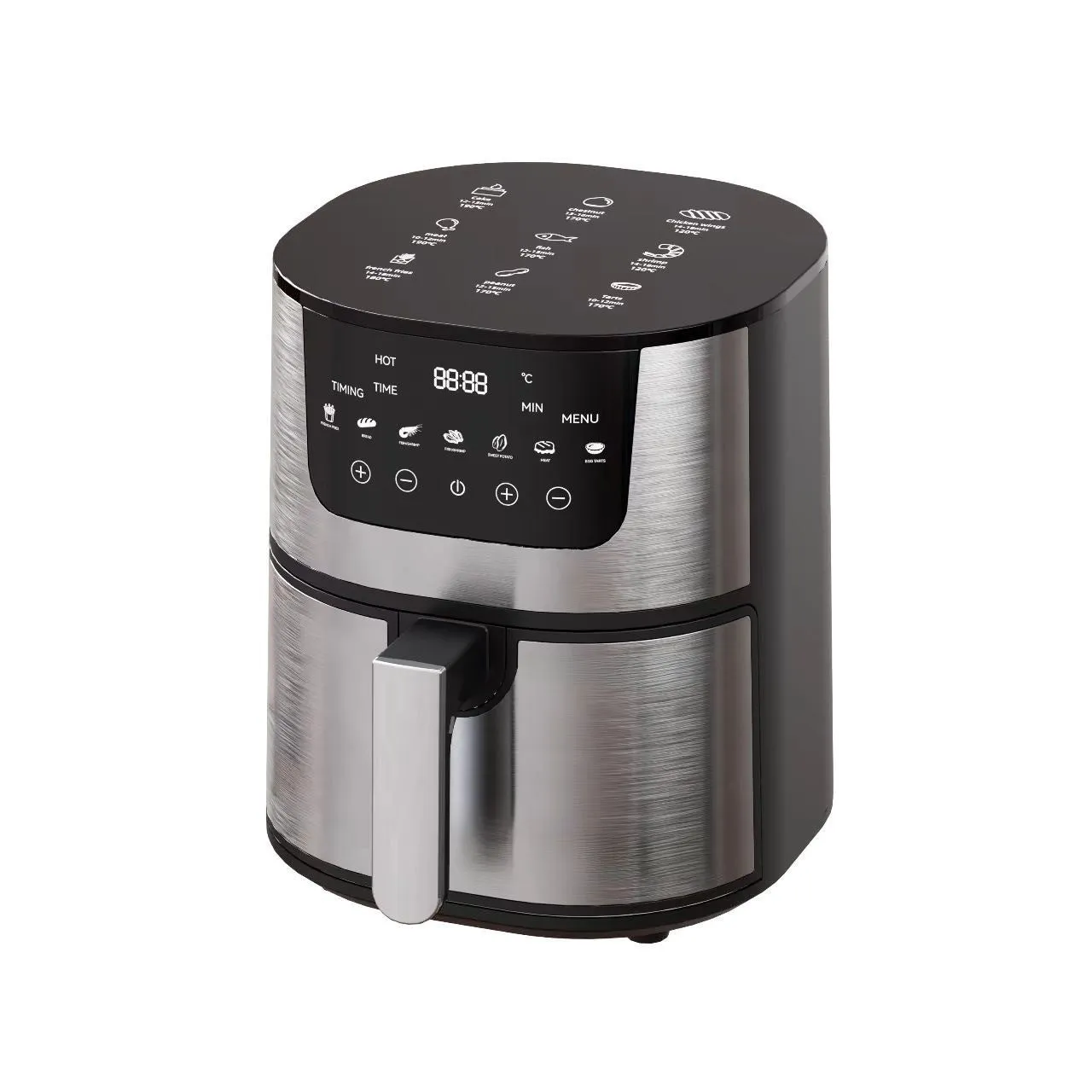 Stainless steel smart visual air fryer with 8-litre capacity and UK plug on countertop