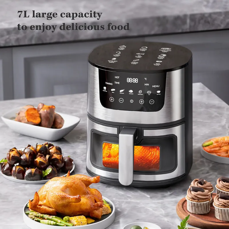 Stainless steel smart visual air fryer with 8-litre capacity and UK plug on countertop