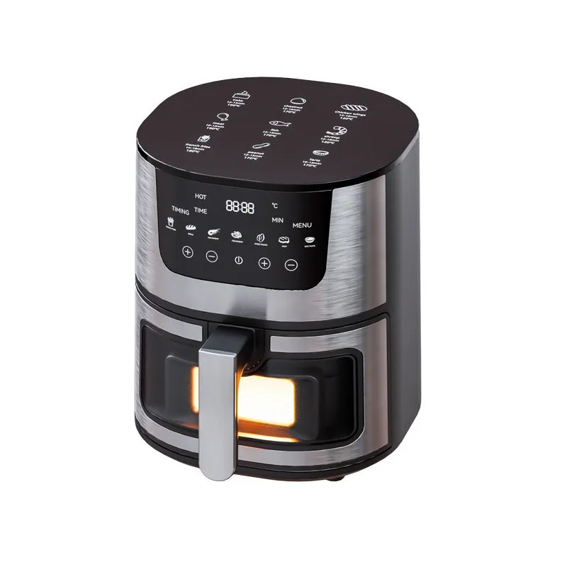Stainless steel smart visual air fryer with 8-litre capacity and UK plug on countertop