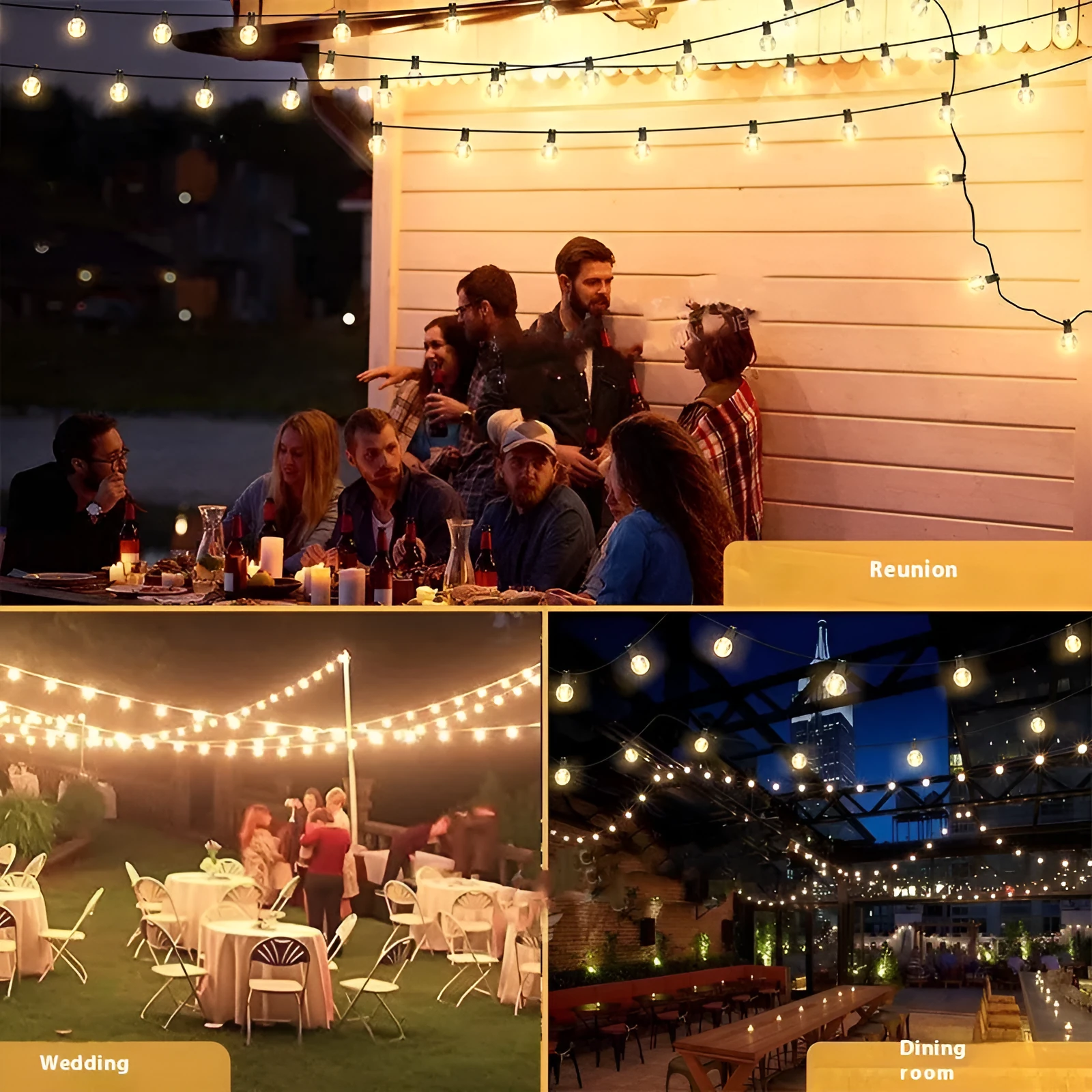 G40 globe LED string lights in warm white 2700K, IP44 outdoor rated, 25FT length