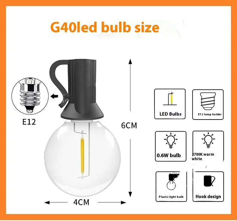G40 globe LED string lights in warm white 2700K, IP44 outdoor rated, 25FT length