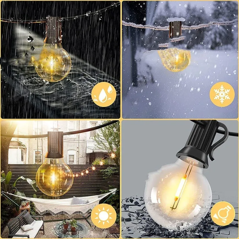 G40 globe LED string lights in warm white 2700K, IP44 outdoor rated, 25FT length