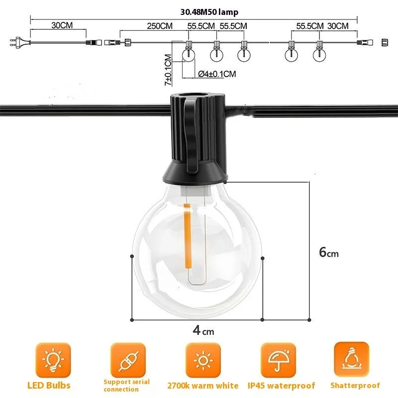 G40 globe LED string lights in warm white 2700K, IP44 outdoor rated, 25FT length