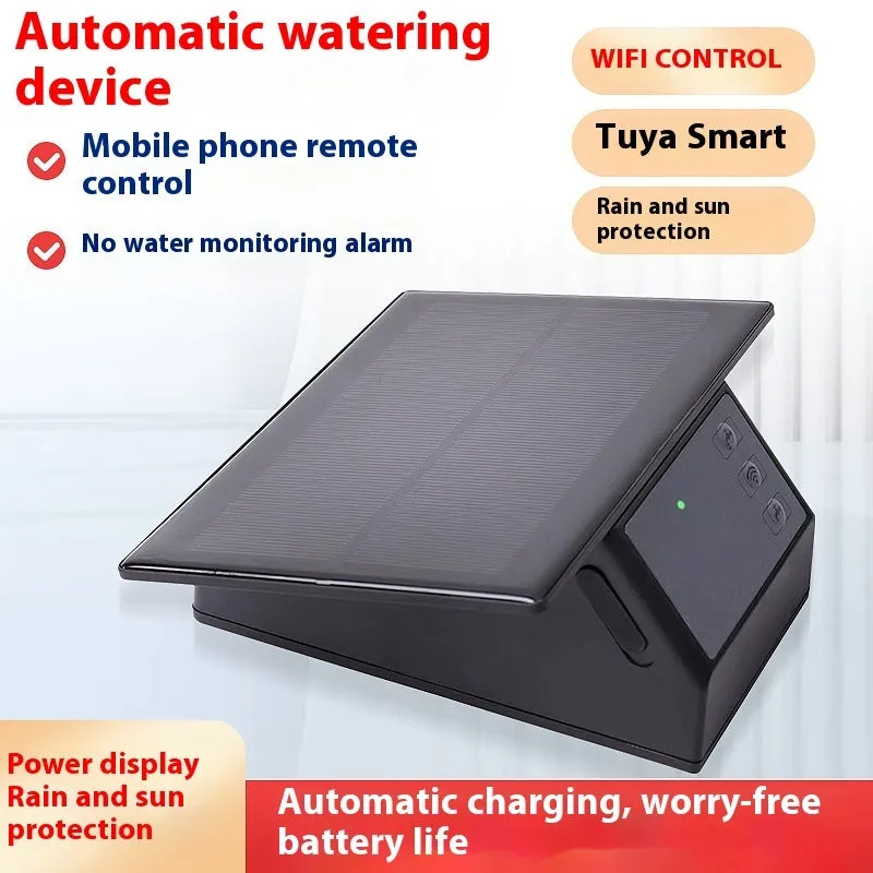 WiFi control automatic watering system with black tube and 10 adjustable drippers on a garden bed