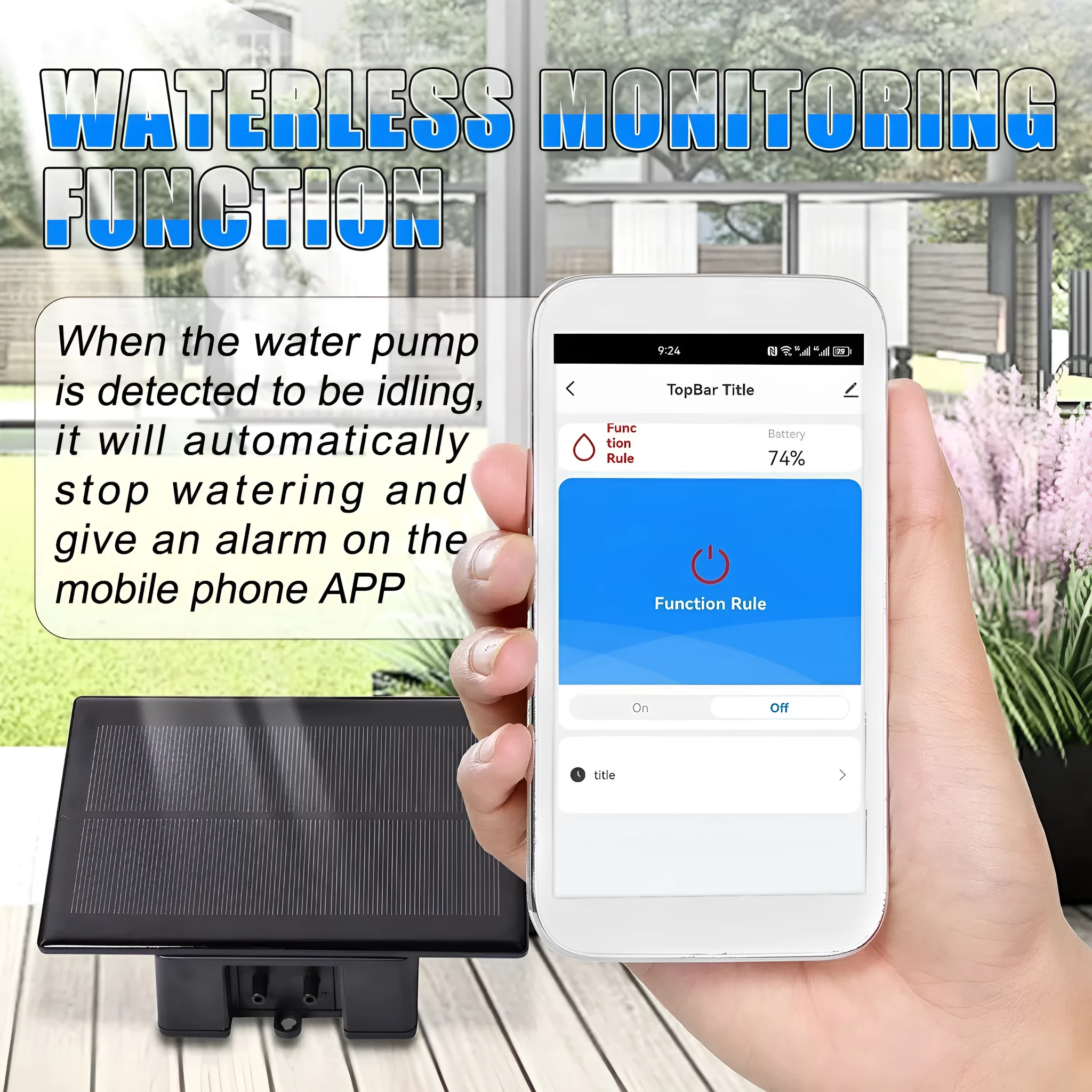 WiFi control automatic watering system with black tube and 10 adjustable drippers on a garden bed