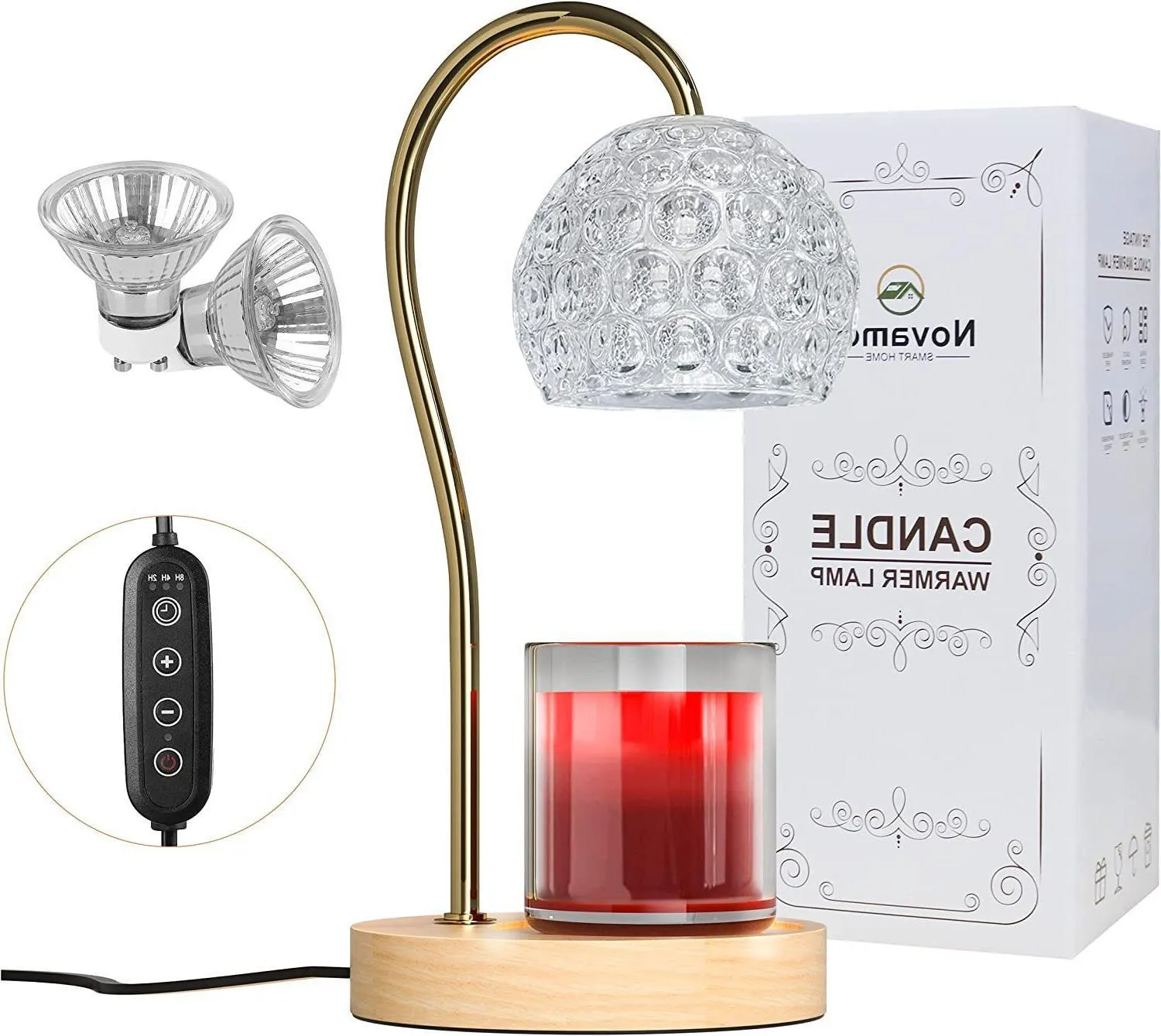 Creative fragrance lamp with bamboo wood holder, amber lily colour, timing and dimming controls, no flame design