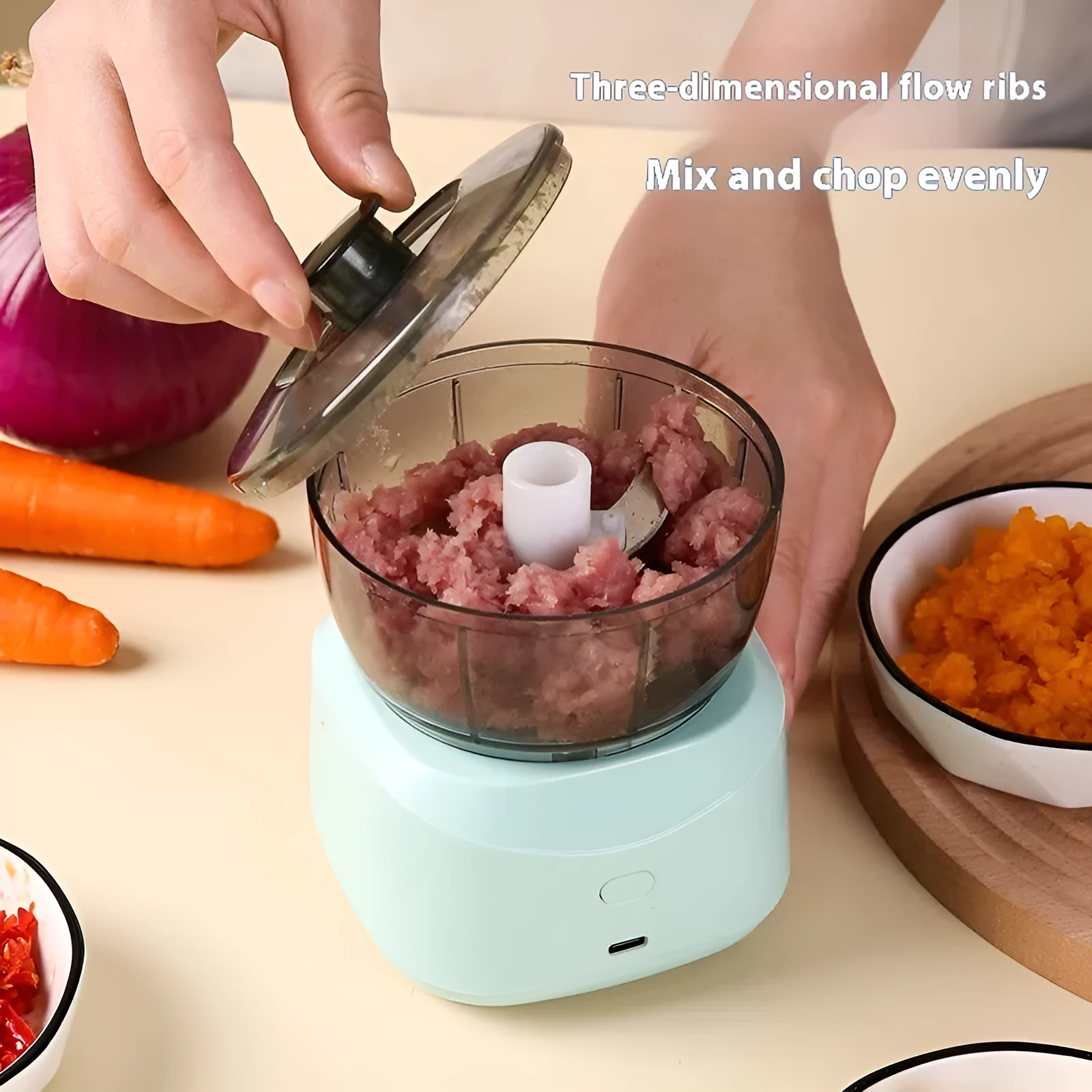 Light blue compact wireless food processor with bowl and blade, 1L capacity, quiet motor