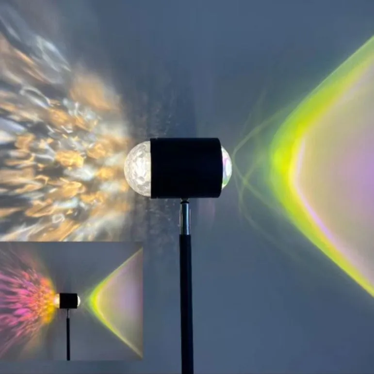 Modern sunset red floor lamp projecting a water wave light pattern on a wall, with four colour cards shown alongside.