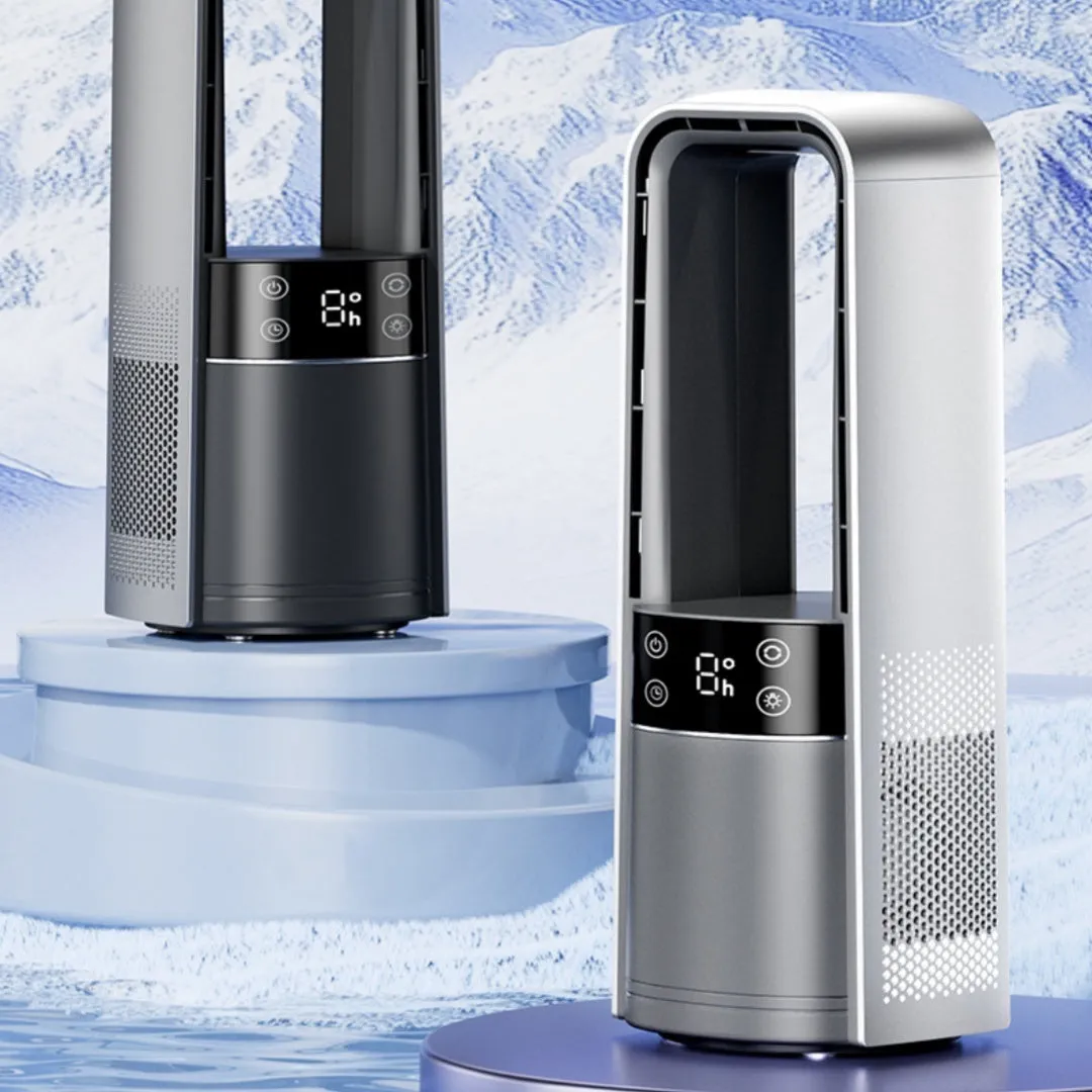 Bladeless twin-turbo ice-sensing fan in light gray with remote control, six speeds, night light, 3500mAh