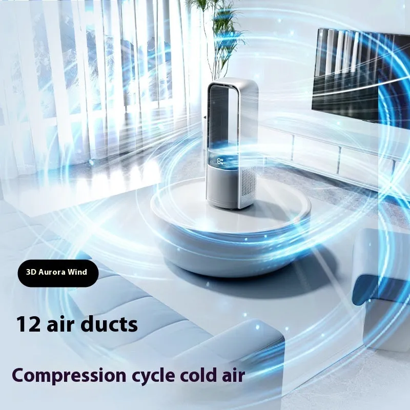 Bladeless twin-turbo ice-sensing fan in light gray with remote control, six speeds, night light, 3500mAh