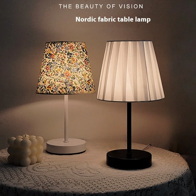 Solid wood fabric bedside lamp with rechargeable touch dimming and three colour light options on a nightstand