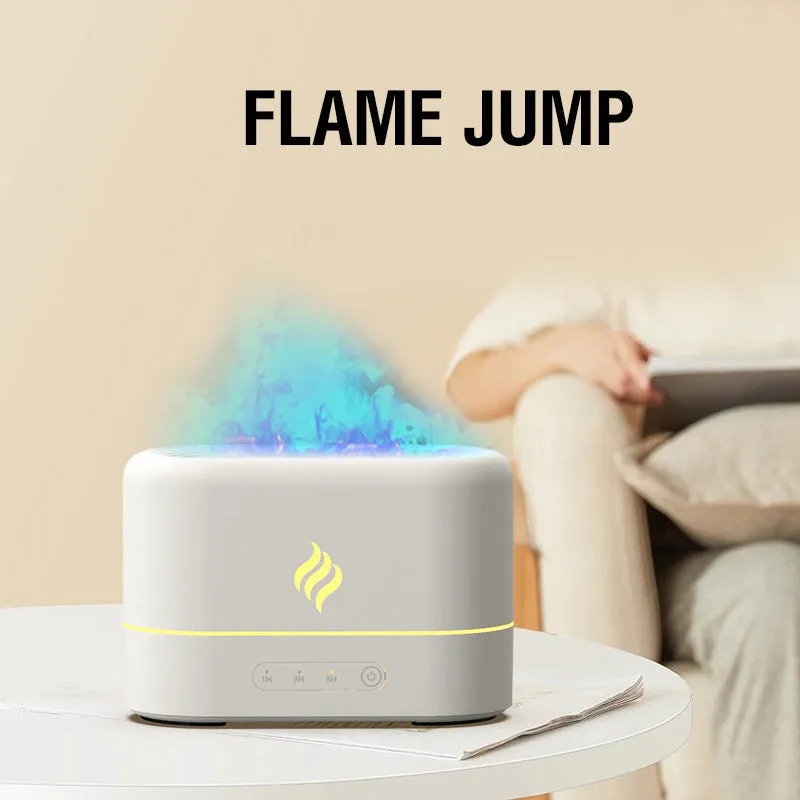 Compact black and white seven-colour flame effect aromatherapy humidifier with USB port and mist outlet.