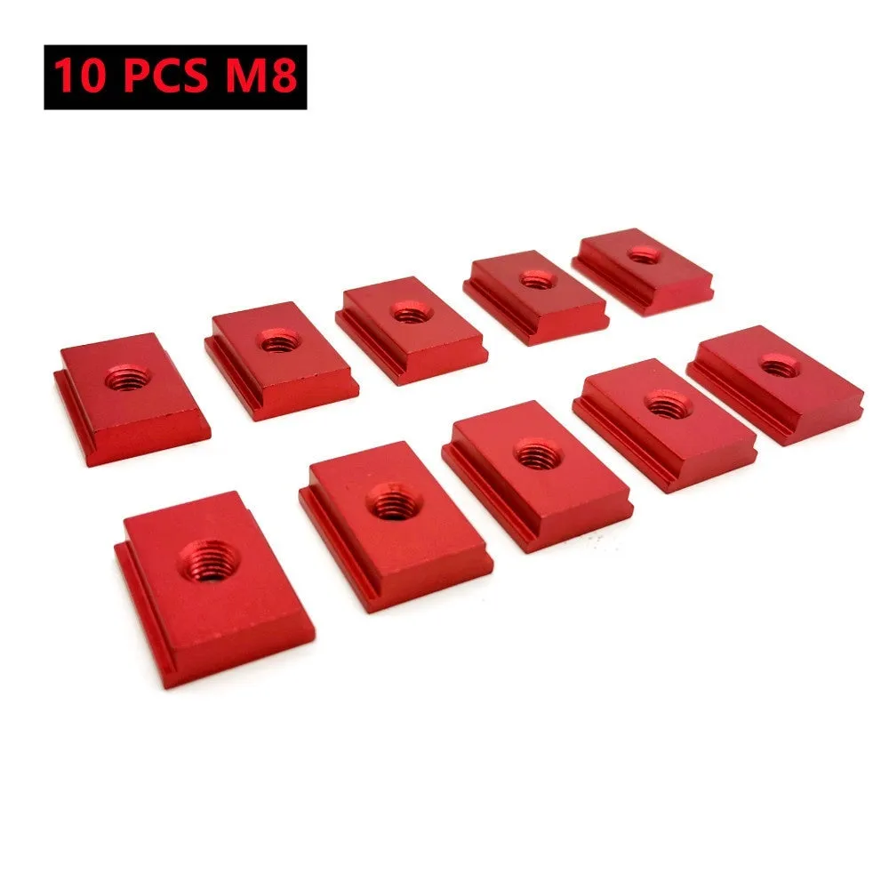 Aluminium T‑slot sliding chute sliders for woodworking, M6 and M8 thread, four colour options