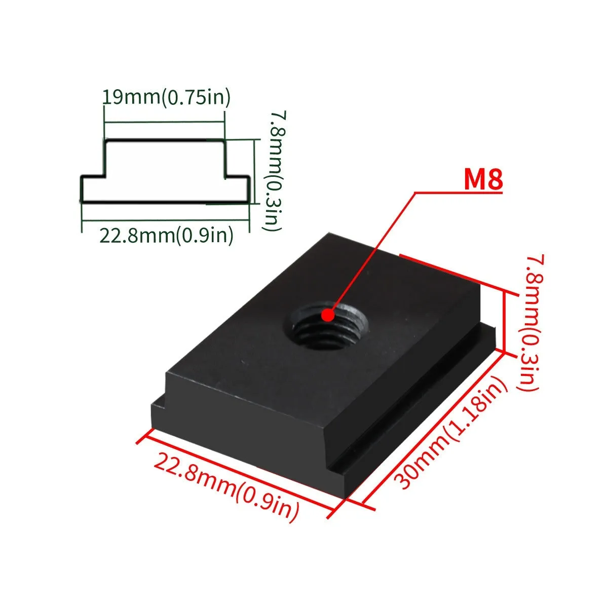 Aluminium T‑slot sliding chute sliders for woodworking, M6 and M8 thread, four colour options