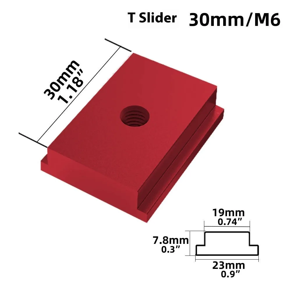 Aluminium T‑slot sliding chute sliders for woodworking, M6 and M8 thread, four colour options