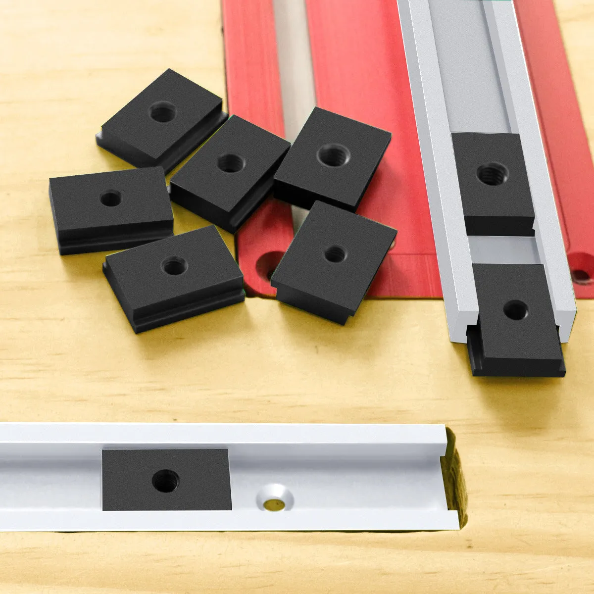 Aluminium T‑slot sliding chute sliders for woodworking, M6 and M8 thread, four colour options