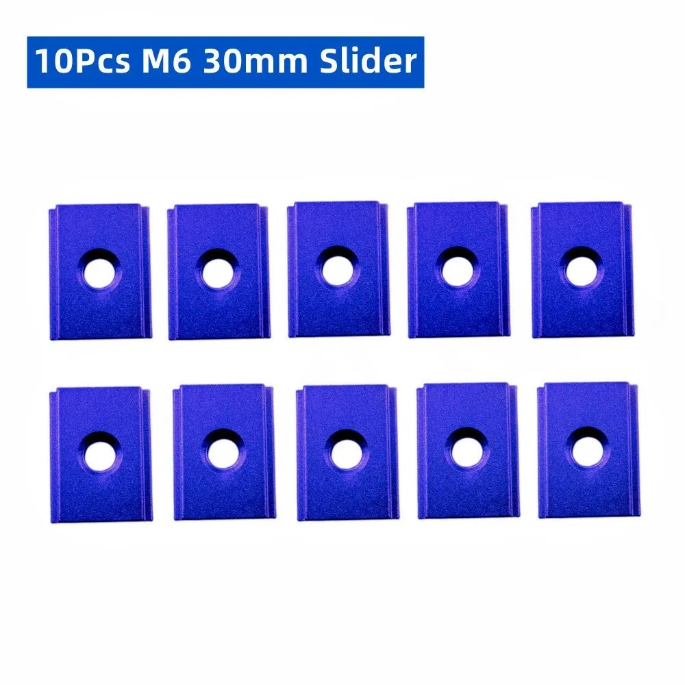 Aluminium T‑slot sliding chute sliders for woodworking, M6 and M8 thread, four colour options