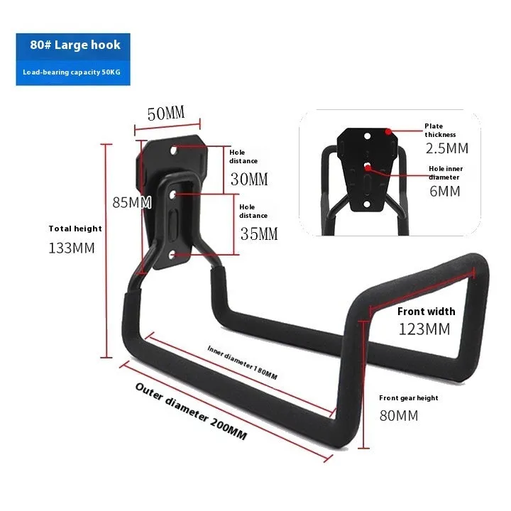 Heavy-duty thickened metal hook for bicycle storage – 80kg load capacity, black iron with extra lining, mounted on a wall