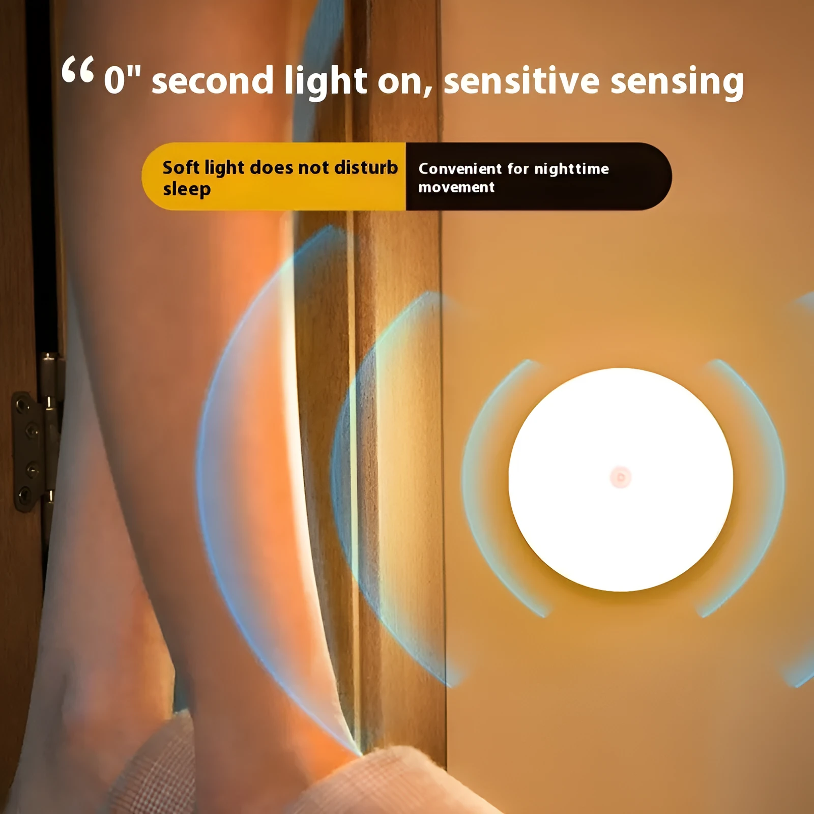 Round ABS rechargeable night induction lamp with automatic motion sensing and three colour light modes for elderly home safety