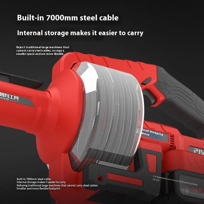 Lithium battery pipe sewer unblocking machine with 7m steel cable and two batteries